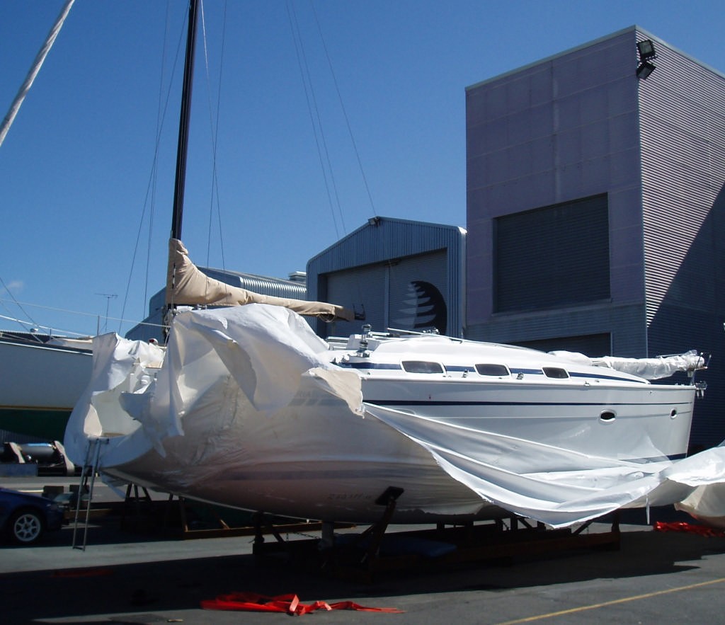 Bavaria 39 cruiser is unwrapped in the Viaduct Harbour prior to commissioning and launch © International Marine Brokers New Zealand www.internationalmarine.co.nz